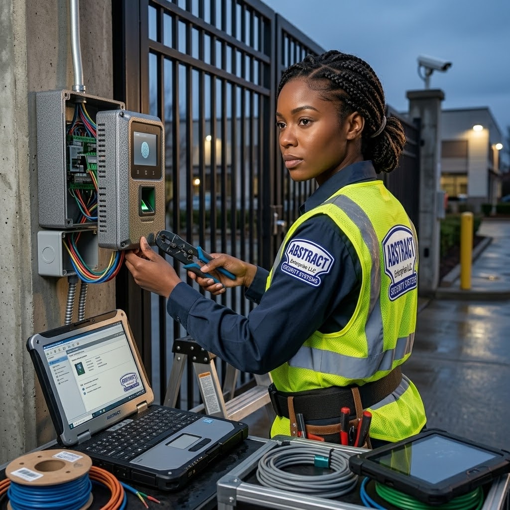 Gate access control reader and biometric panel installation at Long Island gated community