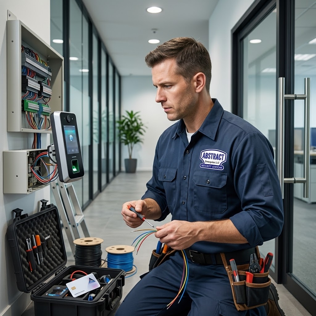 Abstract Enterprises technician installing access control low-voltage wiring at Long Island commercial building