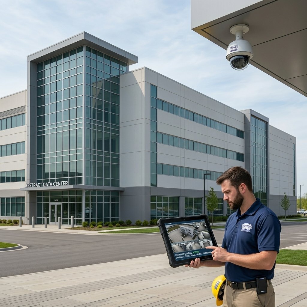 Abstract Enterprises technician monitoring security cameras on tablet after installation in New York City