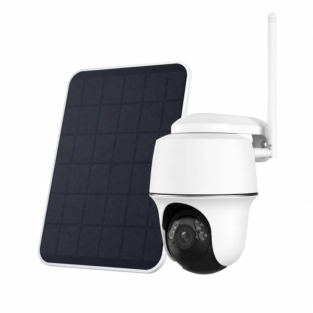 Compact solar panel and pan-tilt camera — NYC solar wireless camera reference Wireless camera installation NYC: product photo of a small dark solar panel behind a compact white pan-tilt camera with one antenna and a dark lens dome