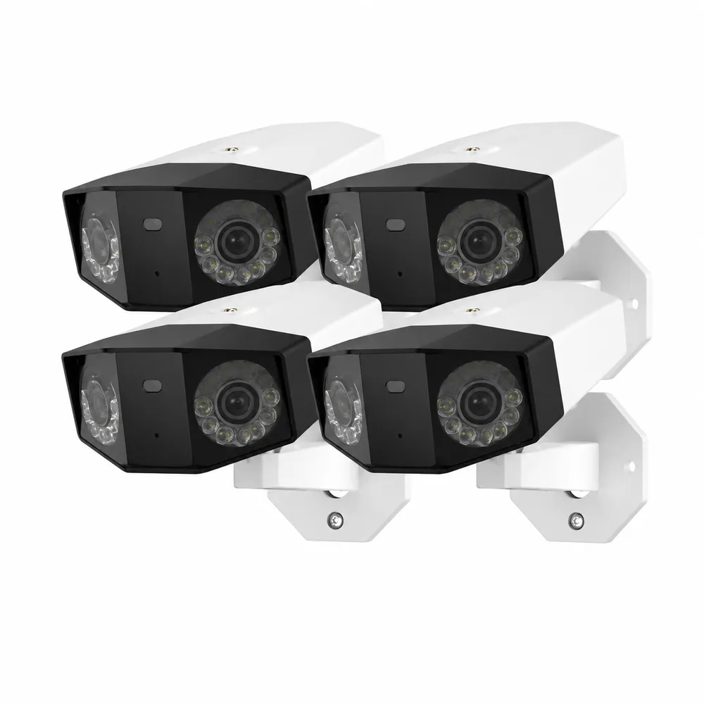 Four dual-lens bullet cameras on wall brackets — NYC wireless camera installation reference Wireless camera installation NYC: product photo of four white bullet cameras with black dual-lens faces and small lights, each on a white wall bracket