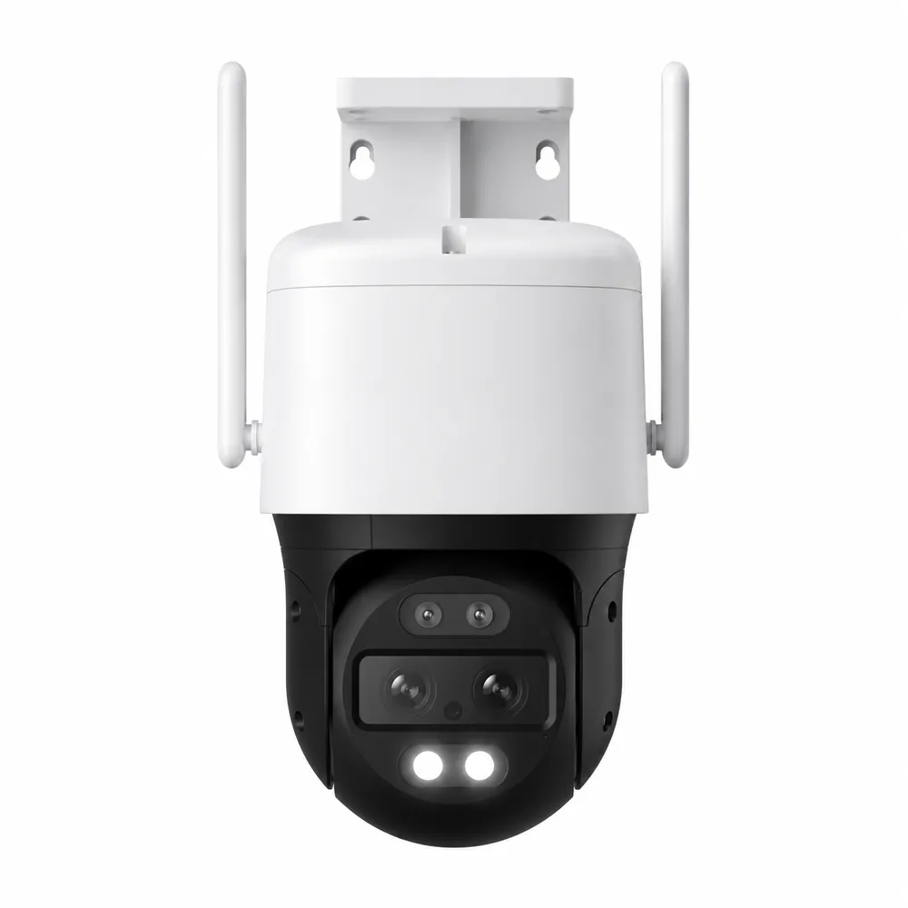 Pan-tilt Wi-Fi camera with two antennas — NYC wireless camera installation reference Wireless camera installation NYC: product photo of a white pan-tilt Wi-Fi camera with two upright antennas, a square wall bracket and a black face holding two stacked lenses and two small lights
