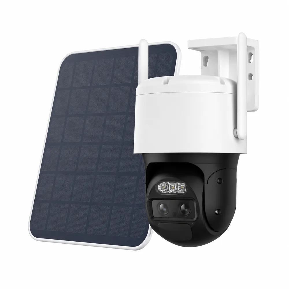 Solar panel beside a pan-tilt camera — NYC battery and solar camera reference Wireless camera installation NYC: product photo of a dark solar panel on a white mounting arm beside a white pan-tilt camera with two antennas and a black lens face