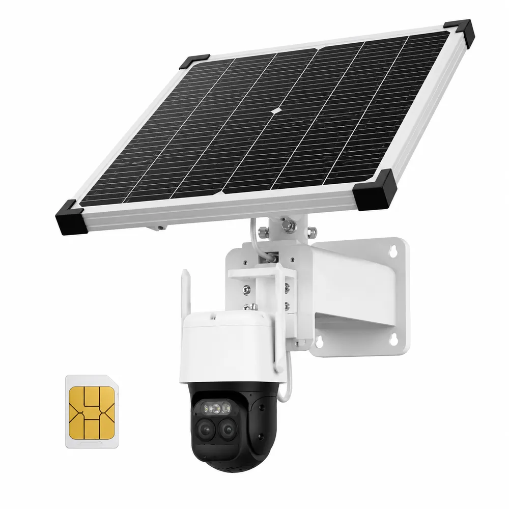 Solar panel over a 4G LTE camera with SIM card — NYC cellular camera reference Wireless camera installation NYC: product photo of a framed solar panel on a white wall bracket above a white pan-tilt camera with antennas, shown with a gold SIM card
