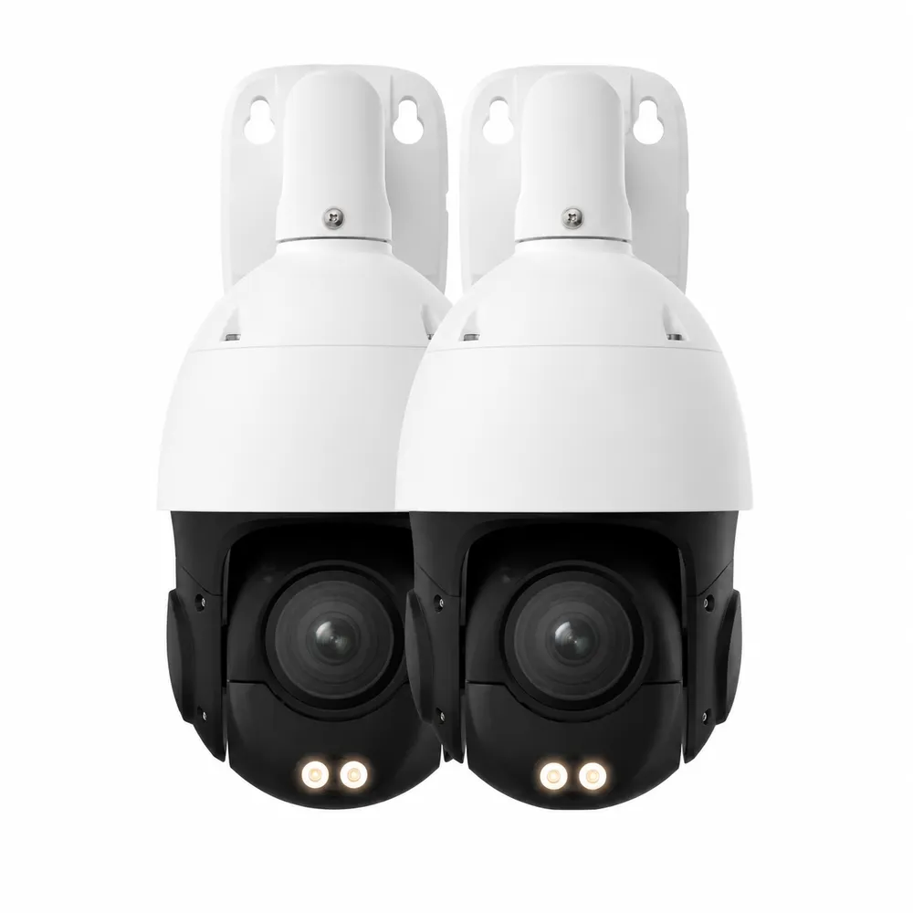 Two pan-tilt dome cameras with warm lights — NYC business wireless camera reference Wireless camera installation NYC: product photo of two white pan-tilt dome cameras side by side on wall arms, each with a black lens window and two warm white lights