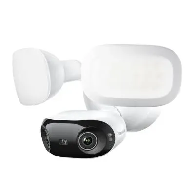 Floodlight camera with wide lens — NYC Wi-Fi floodlight camera reference Wireless camera installation NYC: product photo of a white floodlight camera with a curved light panel, a round motion sensor and a wide black camera body below