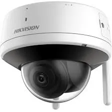 Wi-Fi dome camera with two antennas — NYC wireless dome camera reference Wireless camera installation NYC: product photo of a white Hikvision-branded Wi-Fi dome camera with a dark lens window and two short antennas on the back